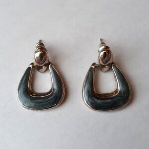 Vintage Pierced Earrings Horseshoe Shaped Enamel Silver Tone